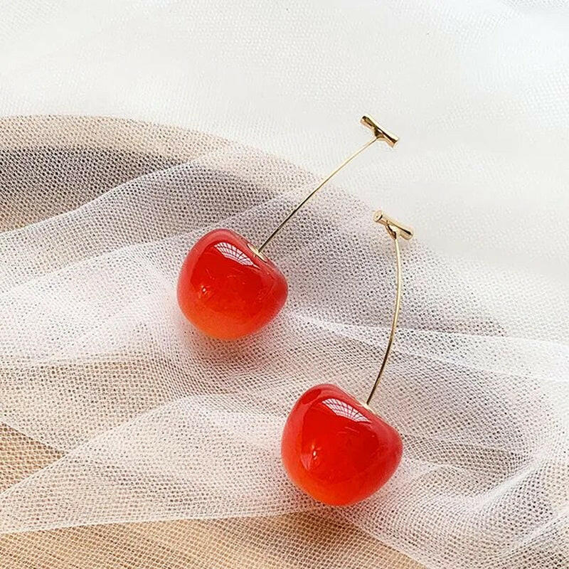 "Red Cherry Earrings with Charm Pendant - Small, Fresh, and Lovely Fruit Jewelry"