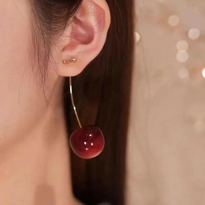 "Red Cherry Earrings with Charm Pendant - Small, Fresh, and Lovely Fruit Jewelry"