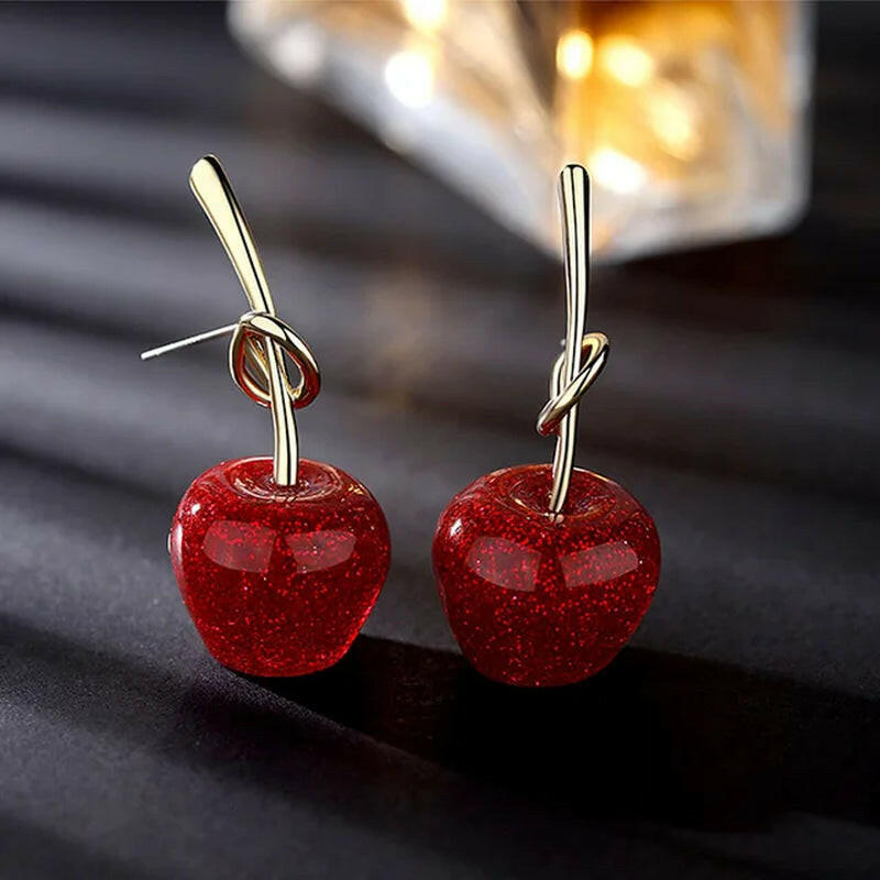 "Red Cherry Earrings with Charm Pendant - Small, Fresh, and Lovely Fruit Jewelry"