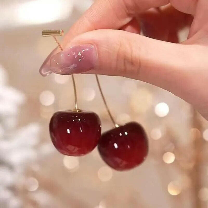 "Red Cherry Earrings with Charm Pendant - Small, Fresh, and Lovely Fruit Jewelry"