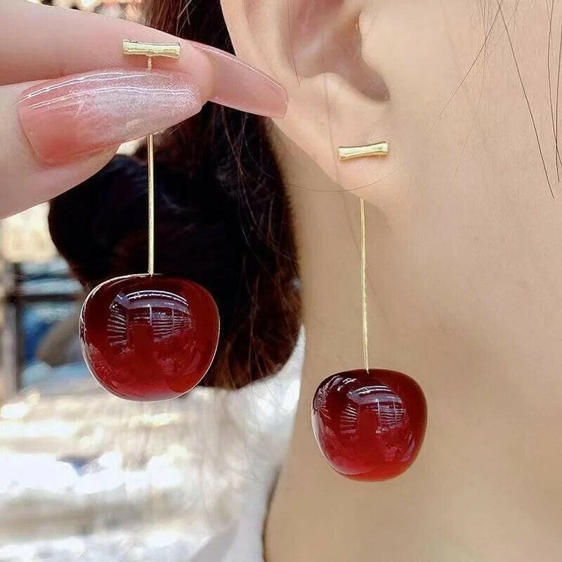 "Red Cherry Earrings with Charm Pendant - Small, Fresh, and Lovely Fruit Jewelry"