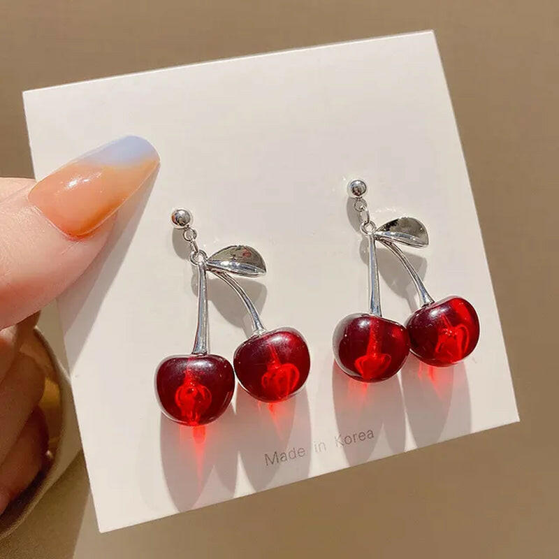 "Red Cherry Earrings with Charm Pendant - Small, Fresh, and Lovely Fruit Jewelry"