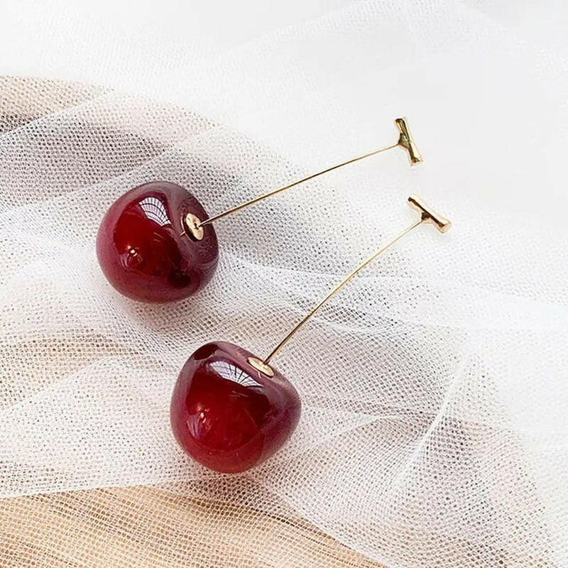 "Red Cherry Earrings with Charm Pendant - Small, Fresh, and Lovely Fruit Jewelry"