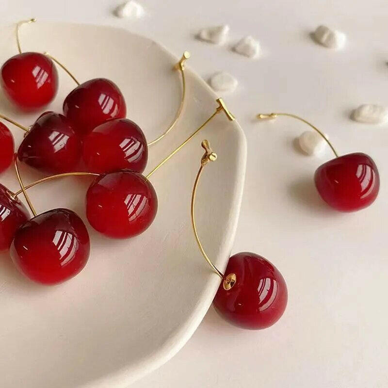 "Red Cherry Earrings with Charm Pendant - Small, Fresh, and Lovely Fruit Jewelry"