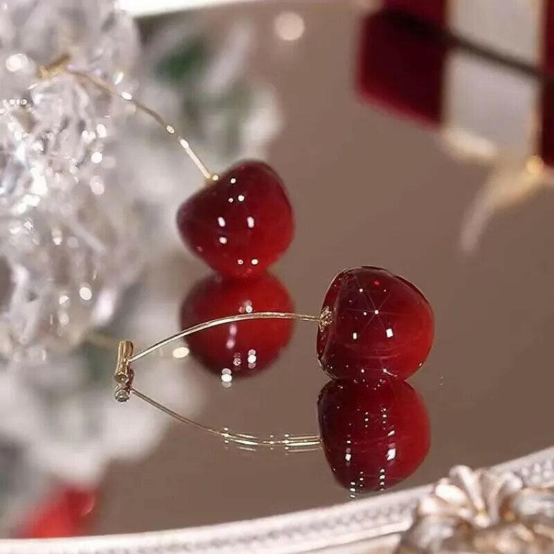 "Red Cherry Earrings with Charm Pendant - Small, Fresh, and Lovely Fruit Jewelry"