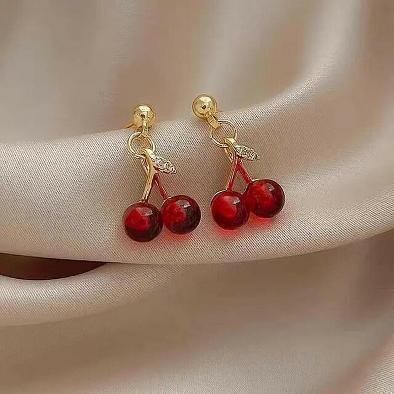 "Red Cherry Earrings with Charm Pendant - Small, Fresh, and Lovely Fruit Jewelry"